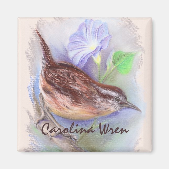 Carolina Wren with Morning Glory Flowers Magnet (Front)