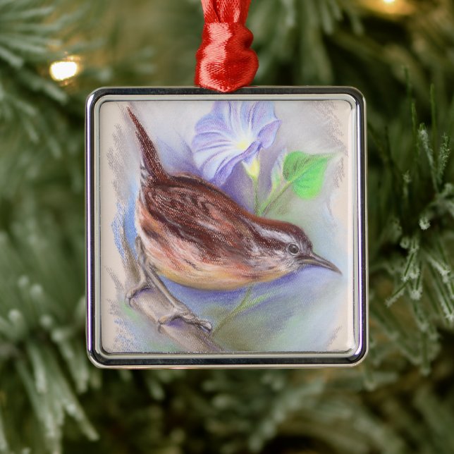Carolina Wren with Morning Glory Flowers Metal Ornament (Tree)