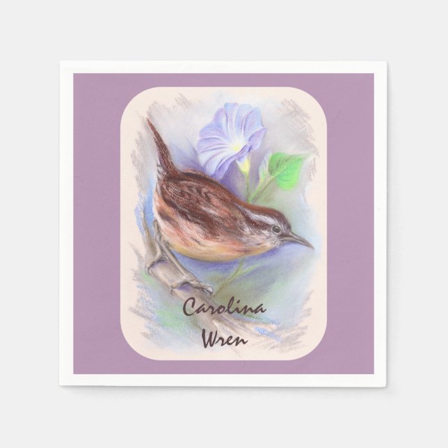 Carolina Wren with Morning Glory Flowers Paper Napkins (Front)