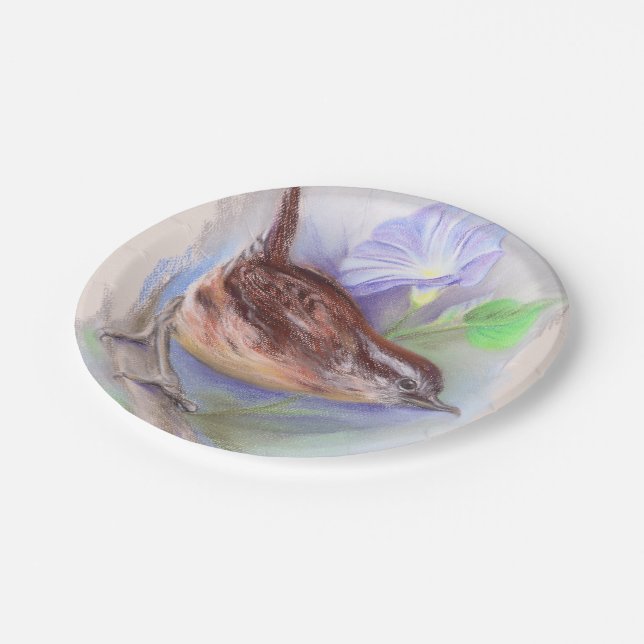Carolina Wren with Morning Glory Flowers Paper Plates (Angled)
