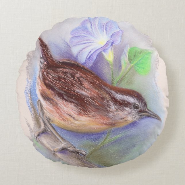 Carolina Wren with Morning Glory Flowers Round Pillow (Front)