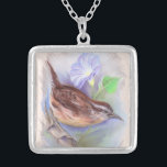 Carolina Wren with Morning Glory Flowers Silver Plated Necklace<br><div class="desc">A Carolina wren perches on a branch with summer blooming morning glories in the background in the pastel artwork featured on this necklace. These sweet little birds are native to Eastern North America and are the state bird of South Carolina.</div>
