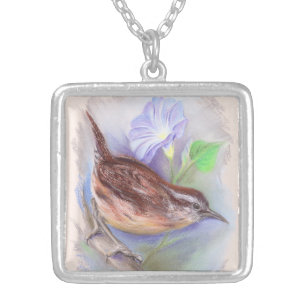 Carolina Wren with Morning Glory Flowers Silver Plated Necklace