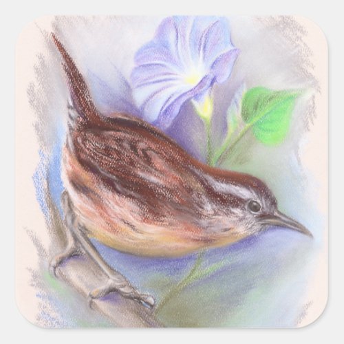 Carolina Wren with Morning Glory Flowers Square Sticker