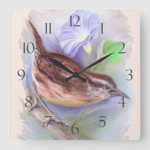 Carolina Wren with Morning Glory Flowers Square Wall Clock