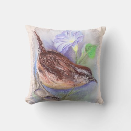 Carolina Wren with Morning Glory Flowers Throw Pillow