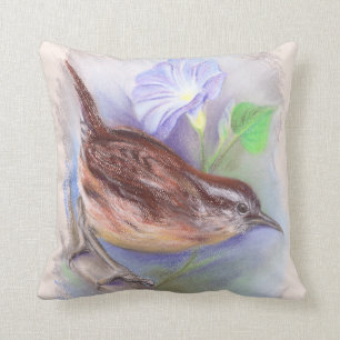 Carolina Wren with Morning Glory Flowers Throw Pillow