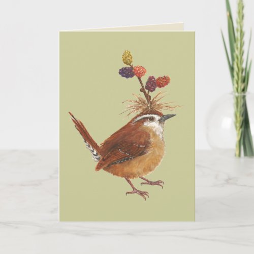 Carolina wren with mulberries card