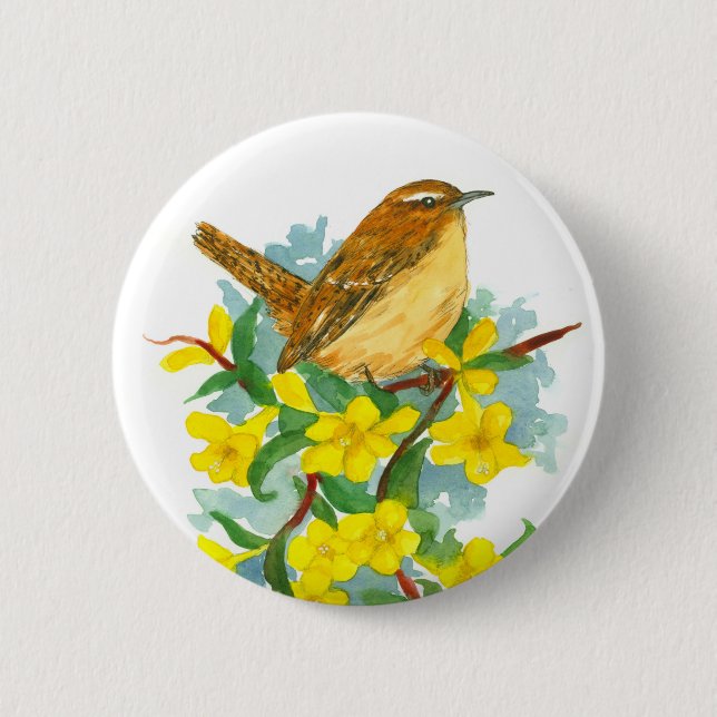 Carolina Yellow Jessamine Flowers Wren Bird Button (Front)