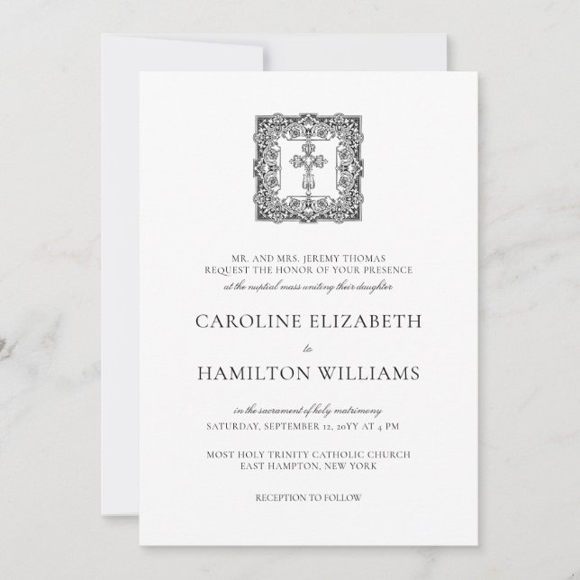 Caroline Simple Black Script Catholic Wedding Invitation (Front)