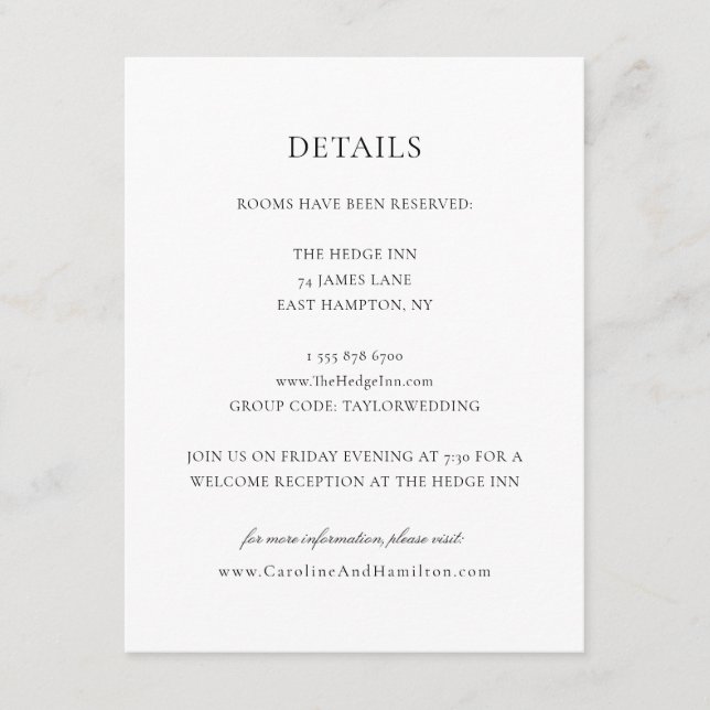 Caroline Simple Black Script Wedding Details Enclosure Card (Front)