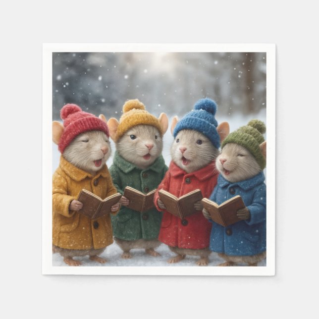 Caroling Christmas Mice In Snow Napkins (Front)
