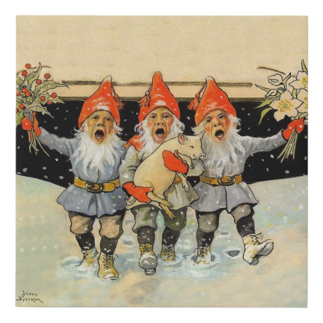 “Caroling Gnomes” by Jenny Nystrom Faux Canvas Print (Front)