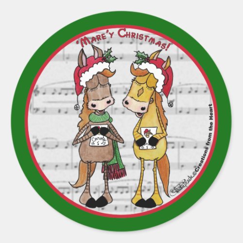 Caroling Horses_ Marey Christmas Classic Round Sticker