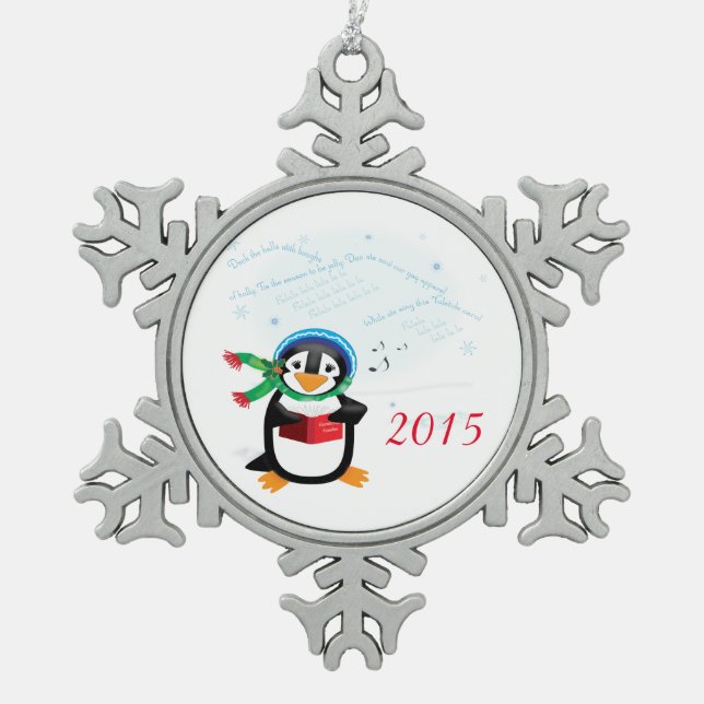 Caroling Penguin Snowflake Pewter Christmas Ornament (Front)