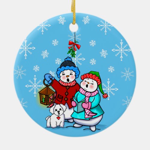 Caroling Snow Couple with Dog Christmas Ornament