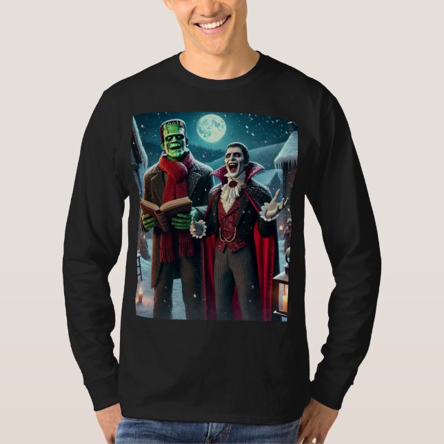 Carolling Frankenstein's Monster and Dracula T-Shirt (Front)