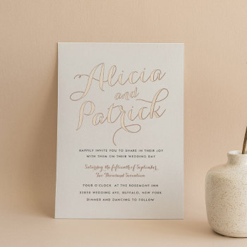 Carolyna Script Calligraphy Wedding Rose Gold Foil Invitation by origamiprints at Zazzle