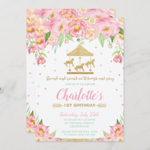 Carousel 1st Birthday Pink Floral Gold Girl Invitation