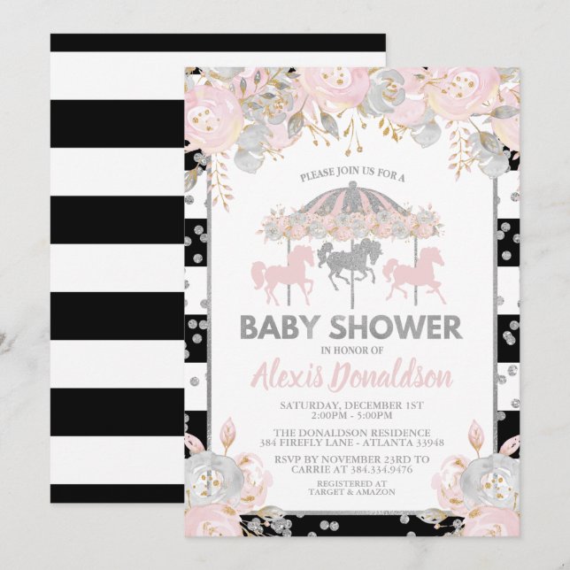 Carousel Baby Shower Invitation Silver floral (Front/Back)