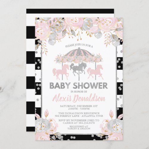 Carousel Baby Shower Invitation Silver floral