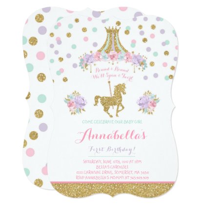 Carousel Birthday Invitation Floral Pink Mint Gold