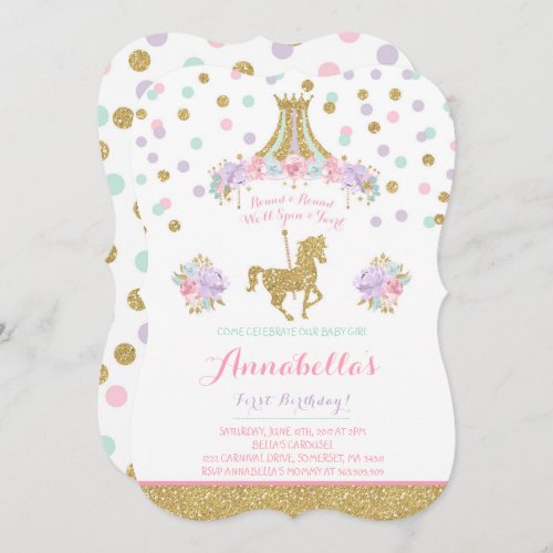 Carousel Birthday Invitation Floral Pink Mint Gold