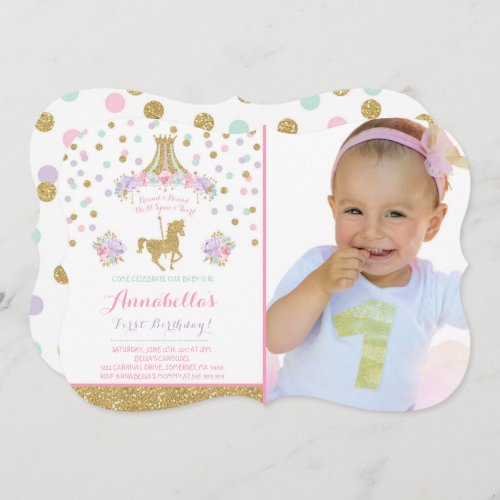 Carousel Birthday Invitation Floral Pink Mint Gold