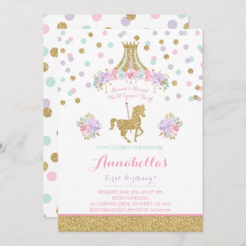 Carousel Birthday Invitation Floral Pink Mint Gold