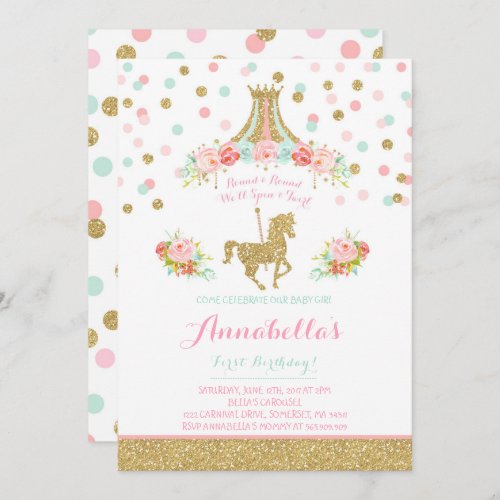 Carousel Birthday Invitation Floral Pink Mint Gold