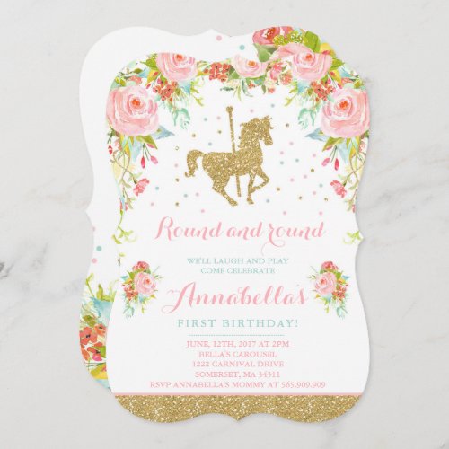 Carousel Birthday Invitation Floral Pink Mint Gold