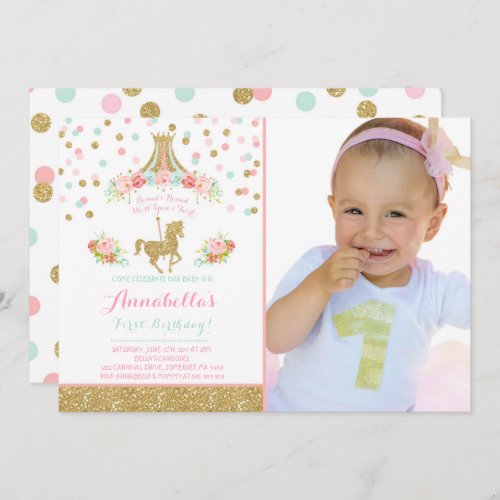 Carousel Birthday Invitation Floral Pink Mint Gold