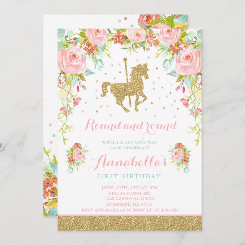 Carousel Birthday Invitation Floral Pink Mint Gold