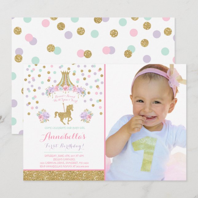 Carousel Birthday Invitation Floral Pink Mint Gold (Front/Back)