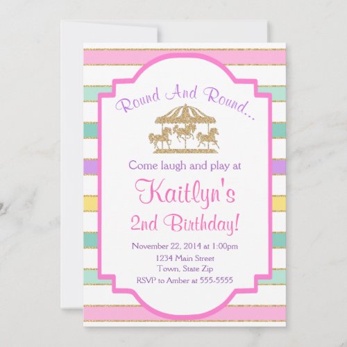 Carousel Birthday Invitation Girl Pink Glitter