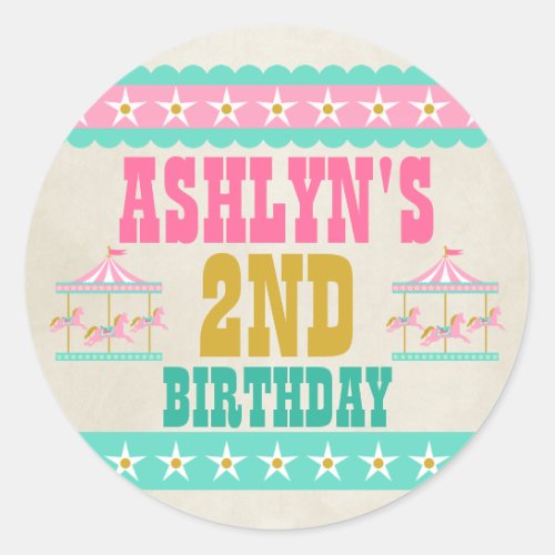 Carousel Birthday Party Personalized Classic Round Sticker