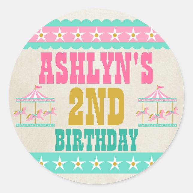 Carousel Birthday Party Personalized Classic Round Sticker (Front)