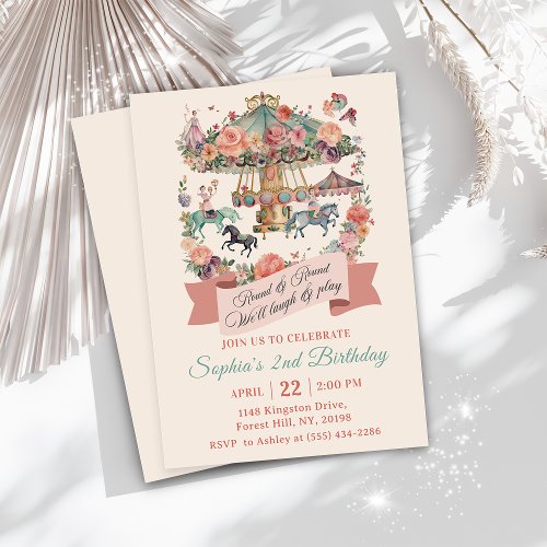 Carousel Carnival 2nd Birthday Party Invitation