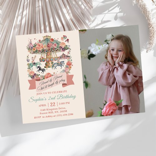 Carousel Carnival 2nd Birthday Party Photo Invitation