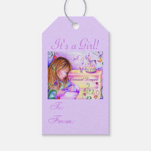 Carousel Dreams Its a Girl Purple Gift Tag