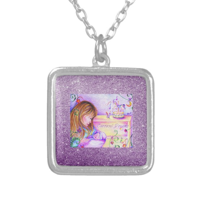 Carousel Dreams Purple Faux Glitter Silver Plated Necklace (Front)