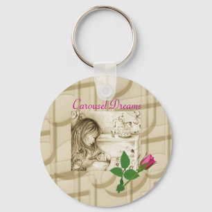 Carousel Dreams Vintage Pink Rose Button Keychain