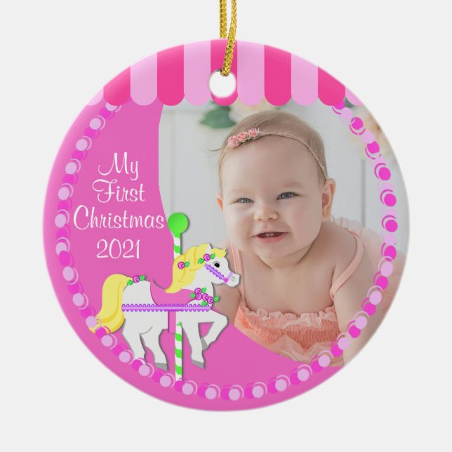 Carousel First Christmas Ceramic Ornament (Front)