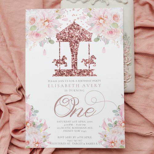 Carousel Floral Glitter First Birthday Invitation