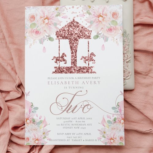 Carousel Floral Glitter Second Birthday Invitation