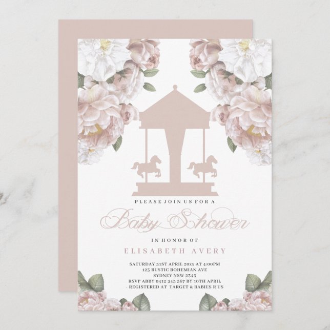 Carousel Floral Soft Pink Baby Shower Invitation (Front/Back)