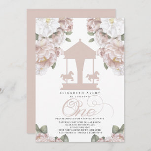 Carousel Floral Soft Pink First Birthday Invitation