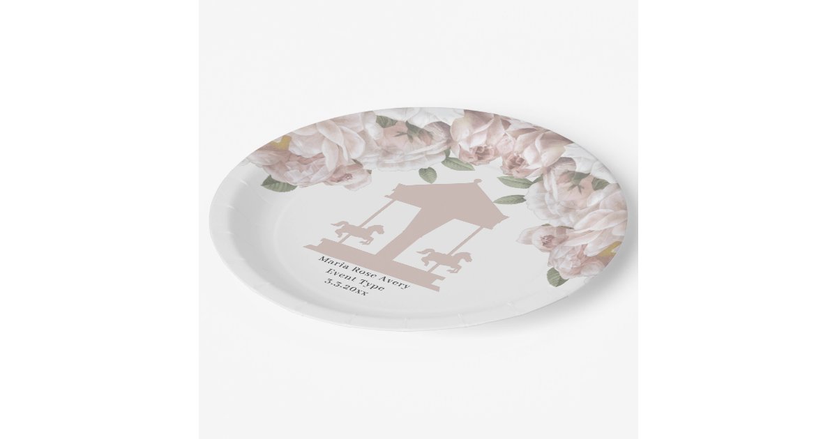 Carousel Floral Soft Pink Personalized Paper Plates | Zazzle