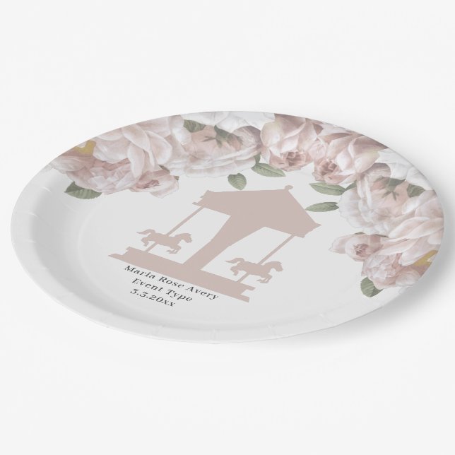 Carousel Floral Soft Pink Personalized Paper Plates (Angled)