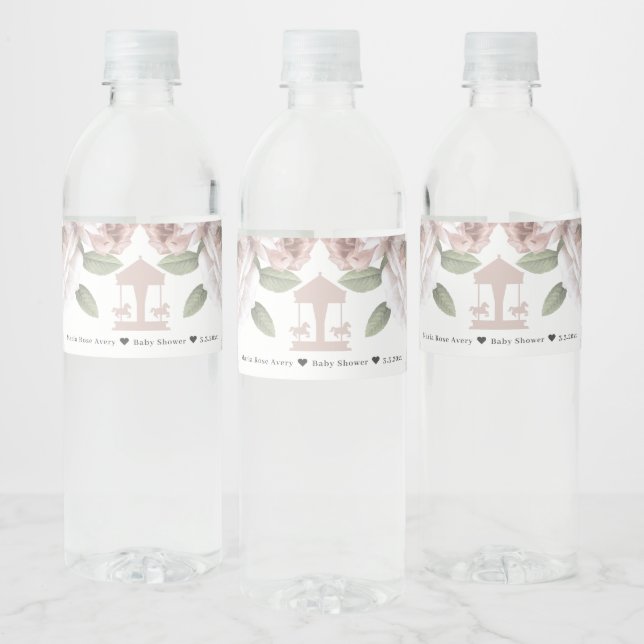 Carousel Floral Soft Pink Personalized Water Bottle Label (Bottles)